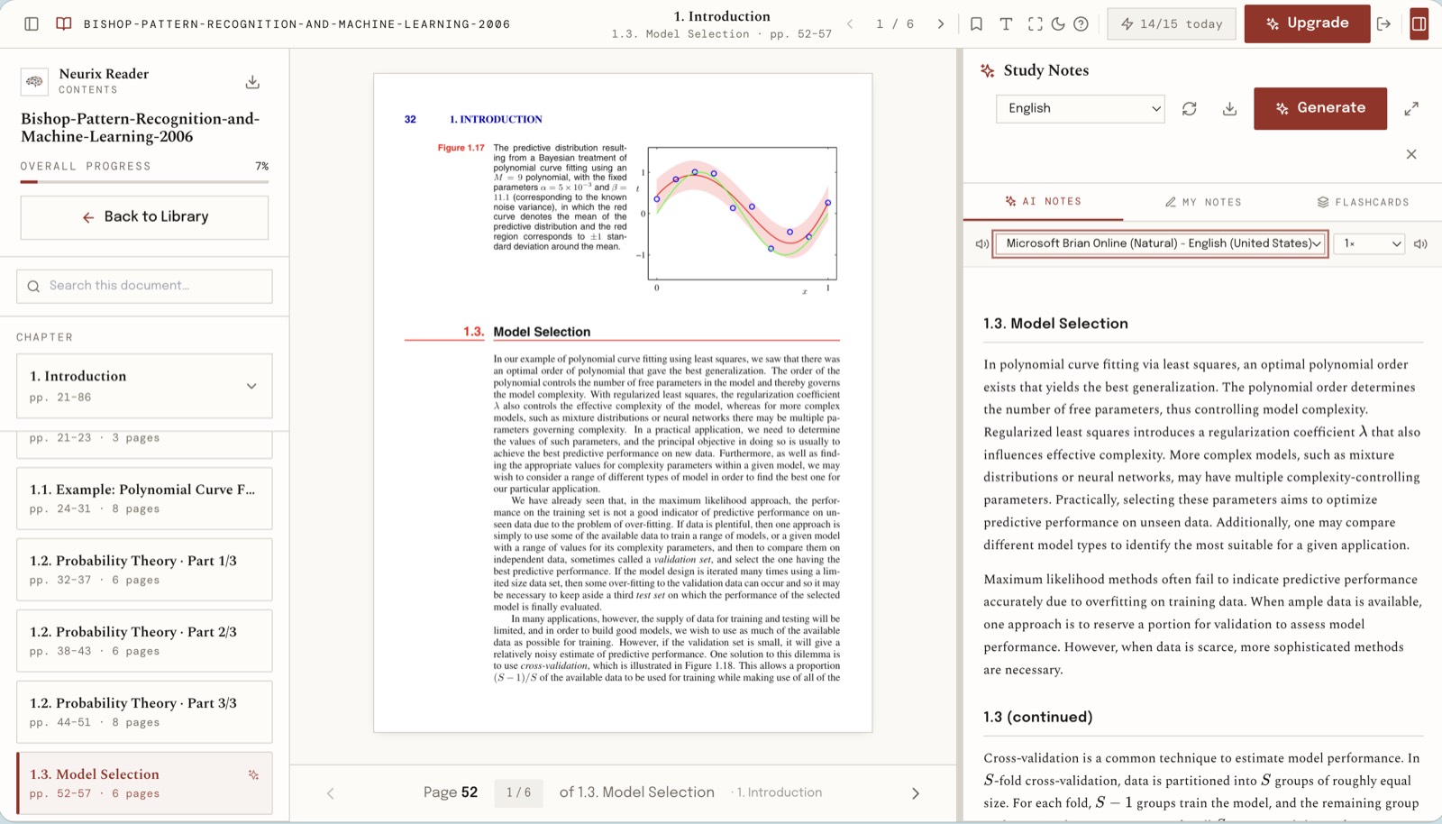 Neurix Reader workspace: the chapter contents and reading progress on the left, the original textbook page in the centre, and AI study notes on the right